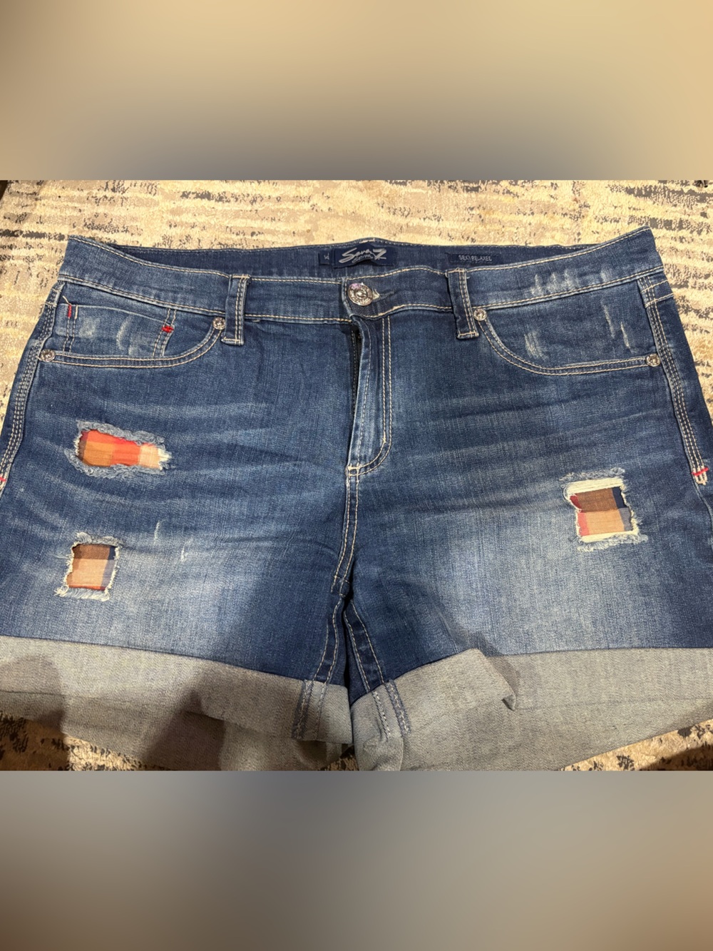 Seven7 Blue Denim Shorts with Distressed Detail size 14